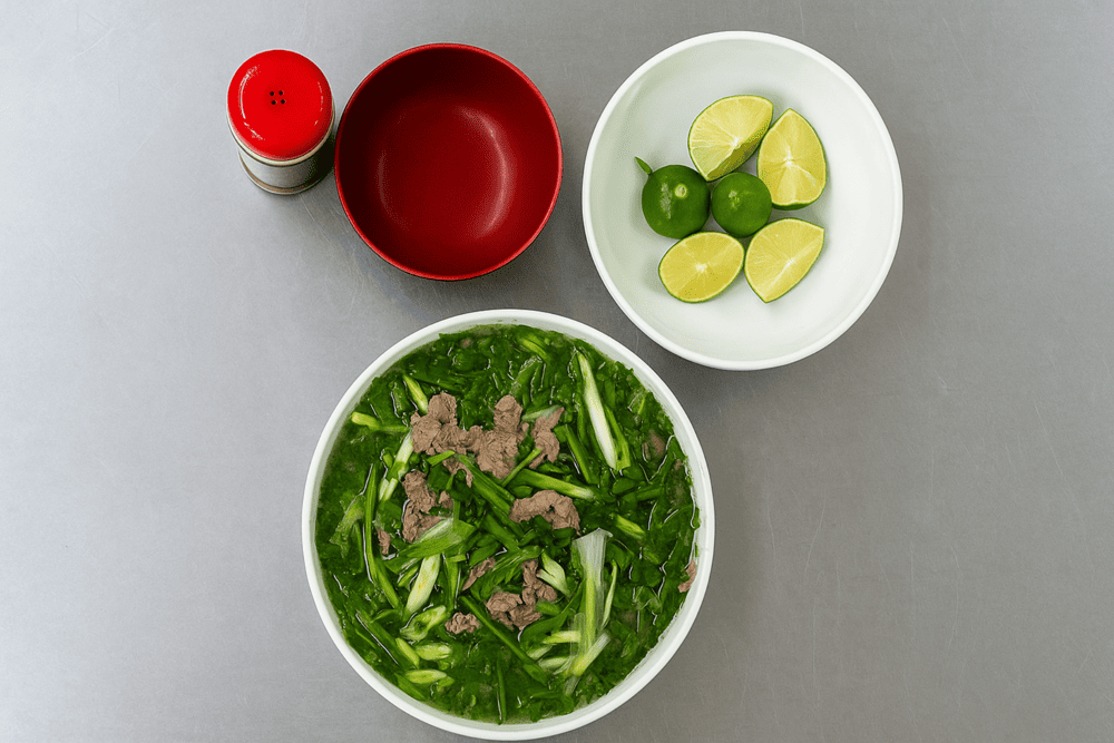 Beef is stir-fried with garlic and scallions for a rich flavor before being added to the Pho bowl